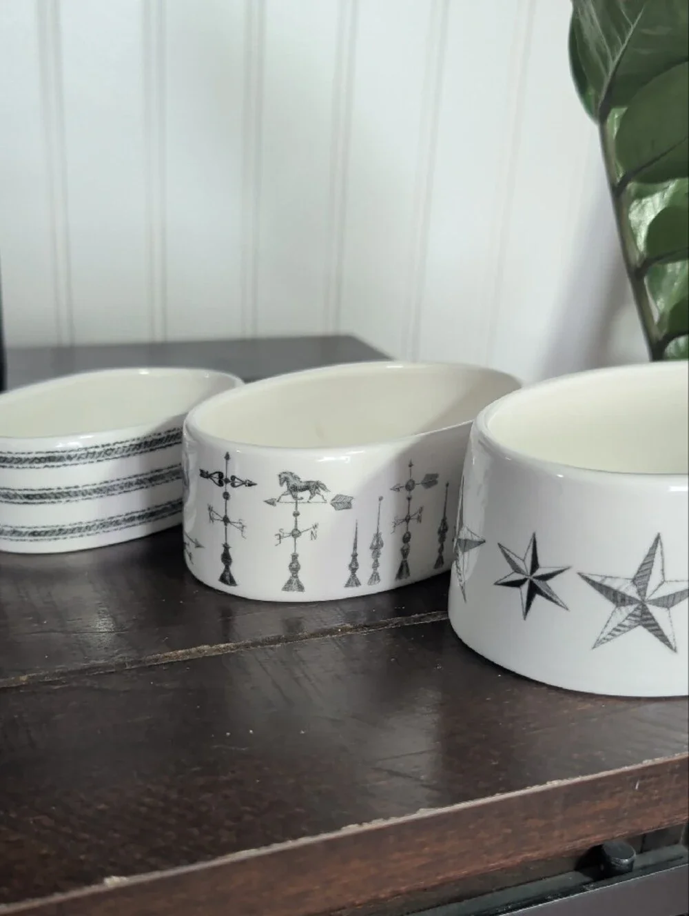 Creative Co-Op White Ceramic Nesting Oval Dishes with Black Animal Sketches